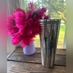 Starbucks Tumbler w/Straw Cold Beverages Metallic Silver Square Grid 24oz